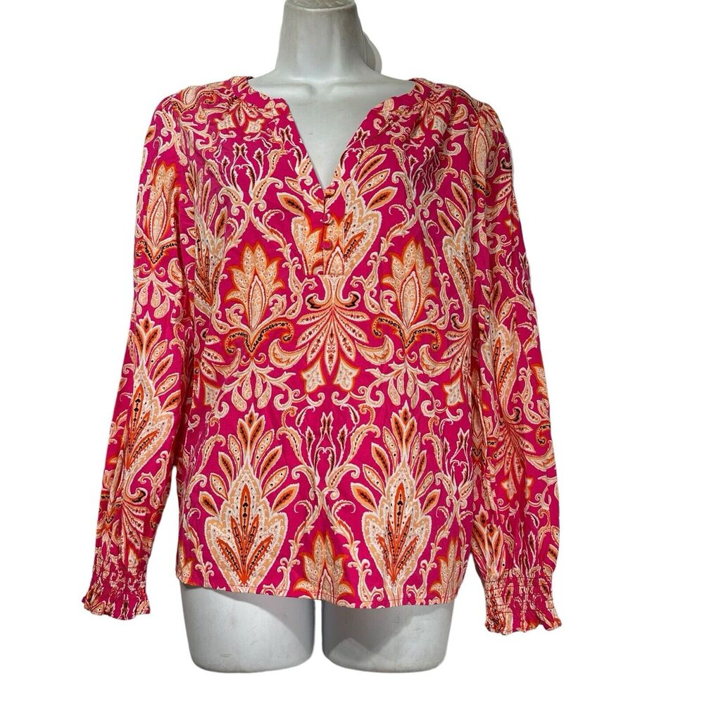 LOFT Paisley Smocked Cuff V-Neck Button Blouse Size M